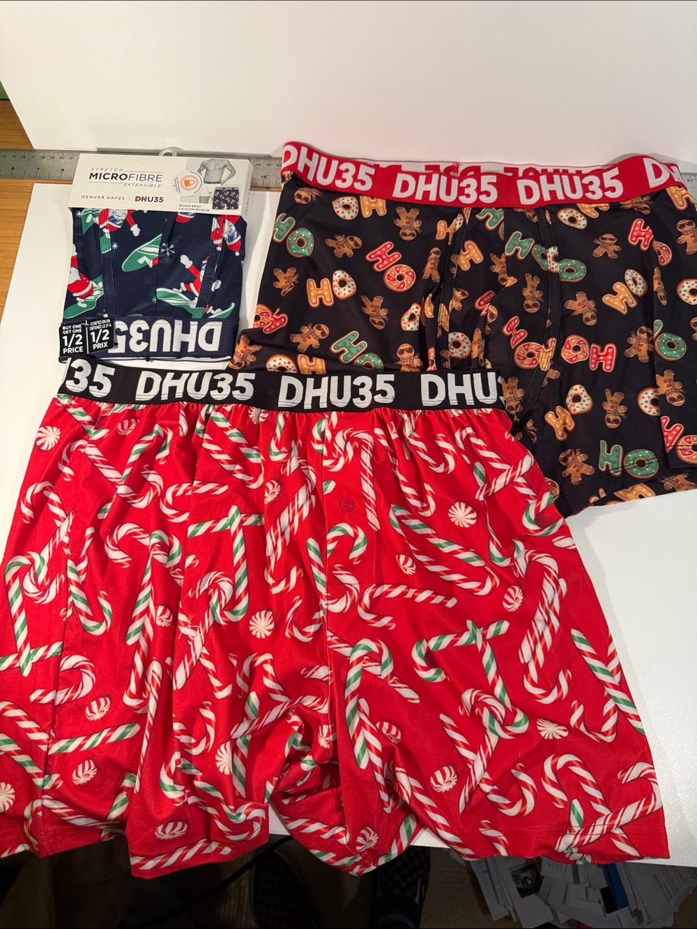 3 pairs, DHU35 Holiday Candy Cane & Gingerbread Boxer Briefs - Red, Black